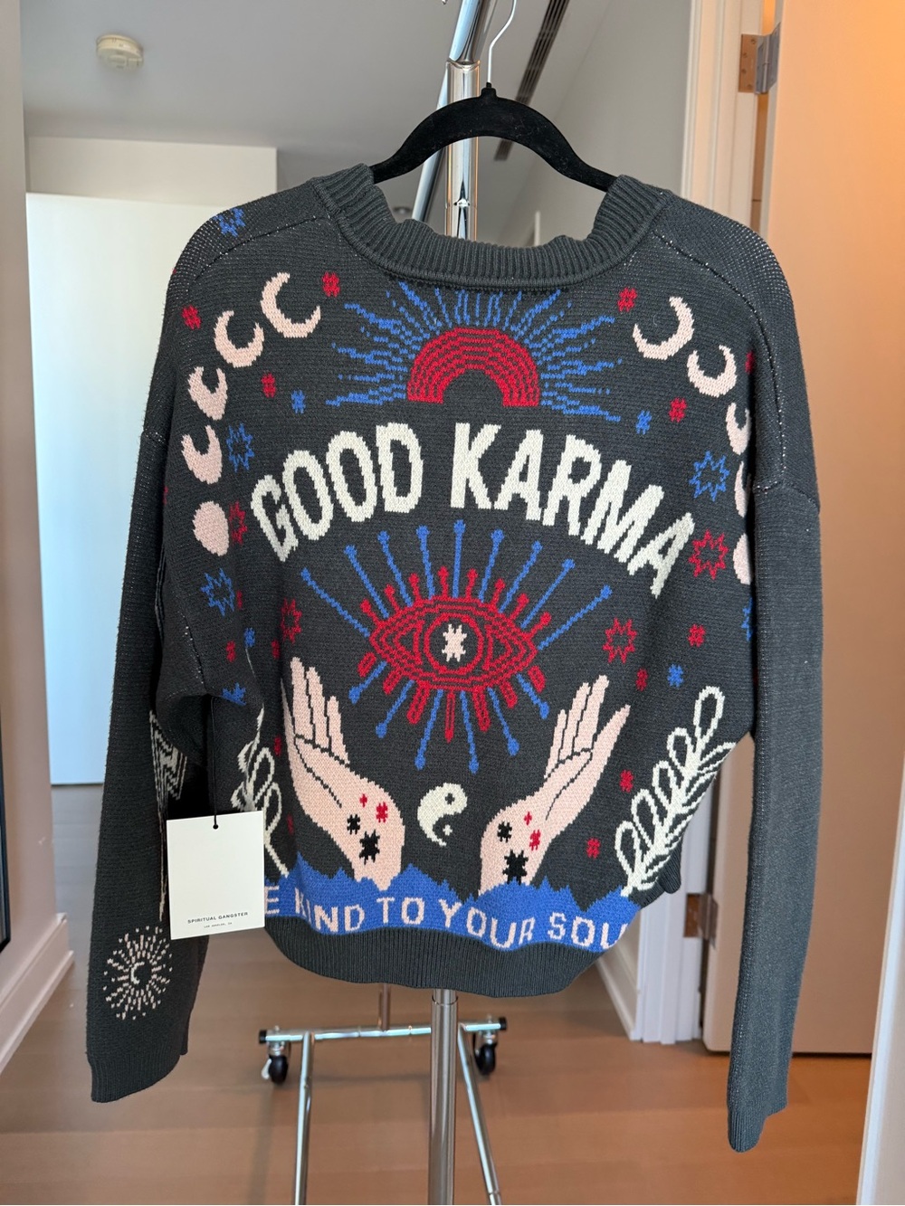 NWT Spiritual Gangster Charcoal 'Good Karma' Graphic Crewneck Sweater